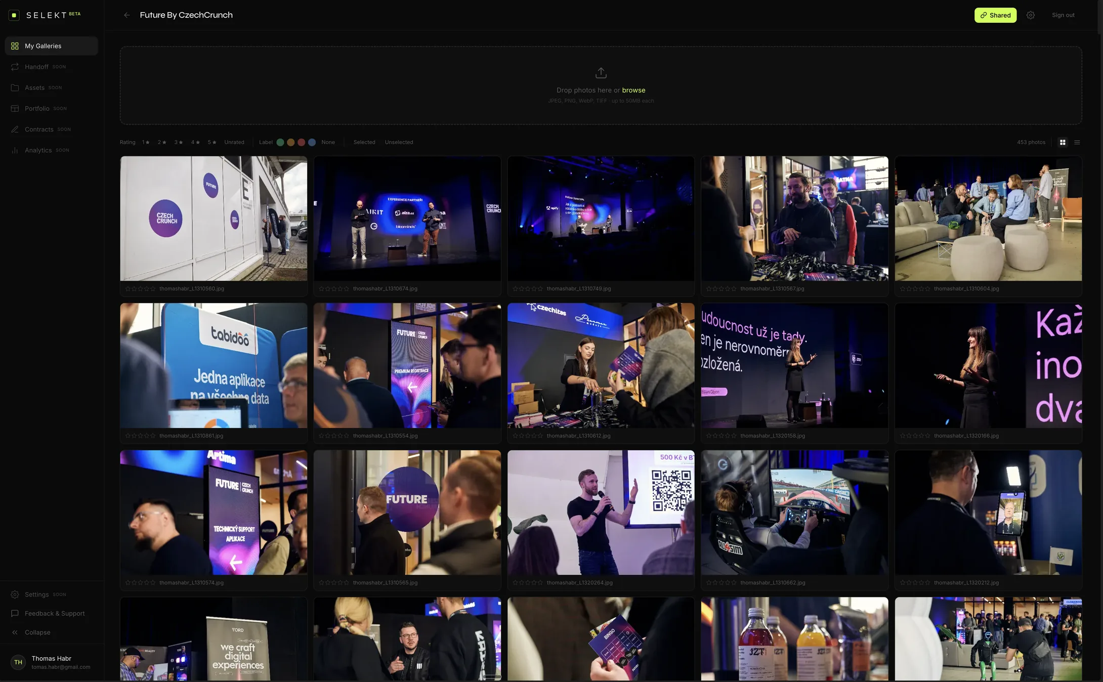Selekt gallery view — 453 event photos in a grid with star ratings, color labels, selection filters, and drag-and-drop upload
